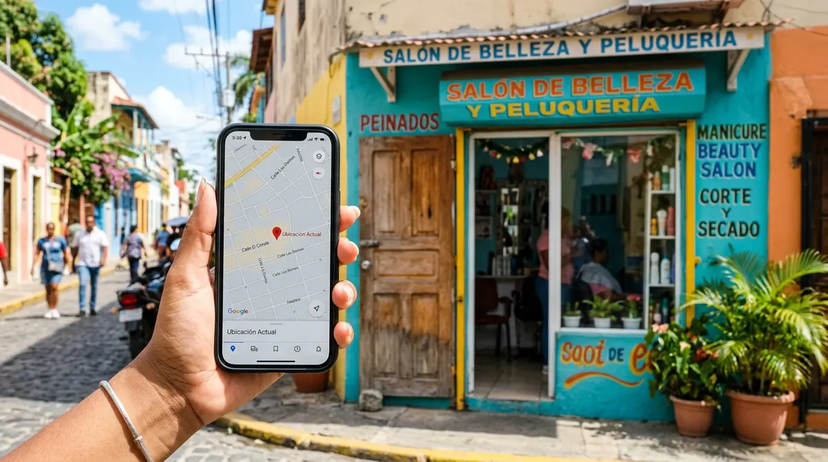 Celular mostrando un mapa con la ubicación de un negocio local