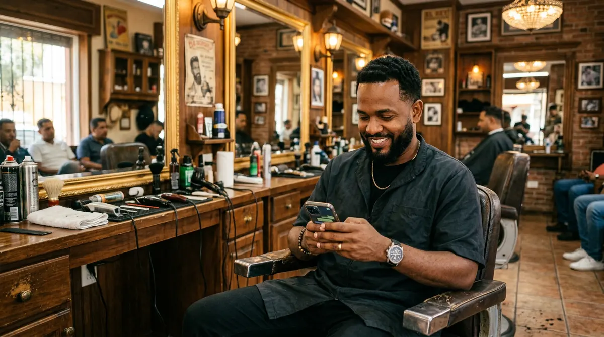 Barbero respondiendo mensajes de clientes en WhatsApp Business