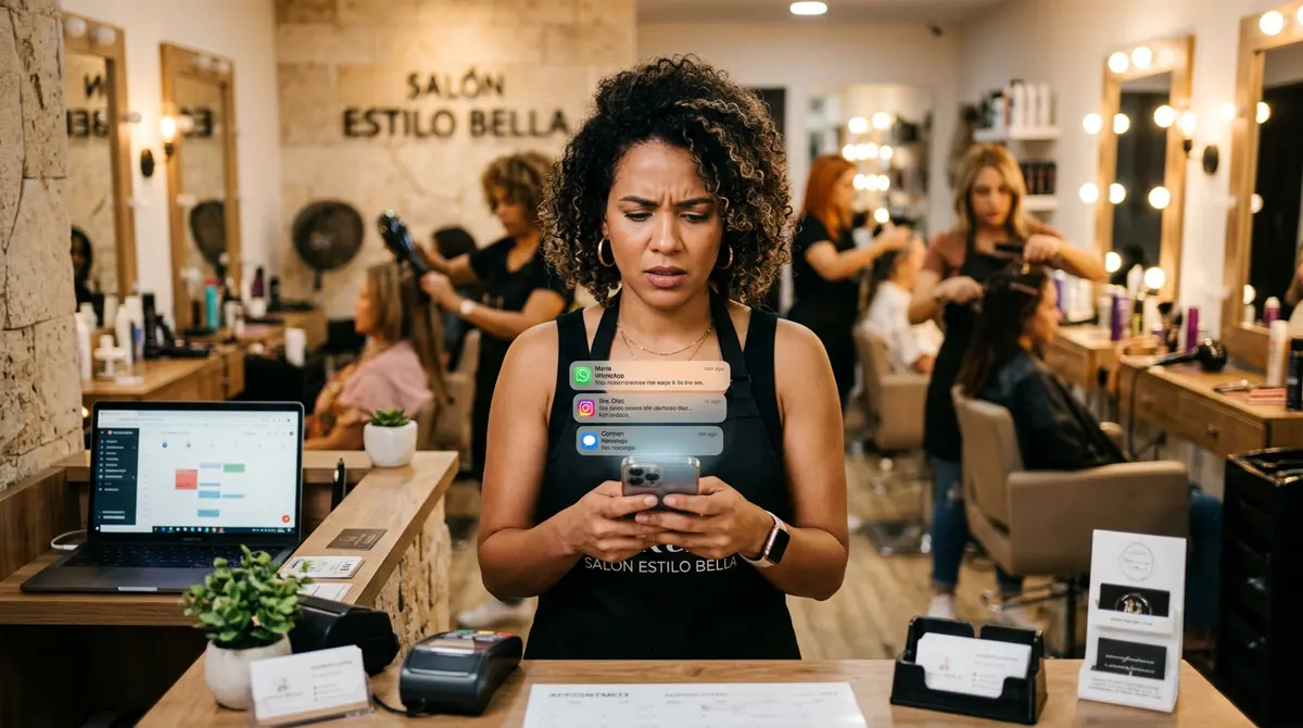 Estilista revisando mensajes de WhatsApp en su celular mientras atiende en el salón