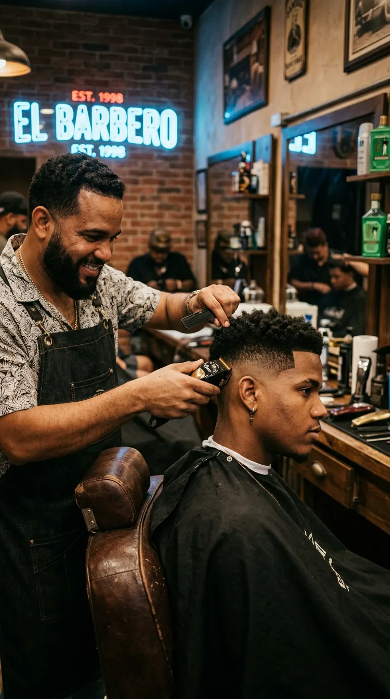 Barbero dominicano haciendo un fade a un cliente joven en una barbería