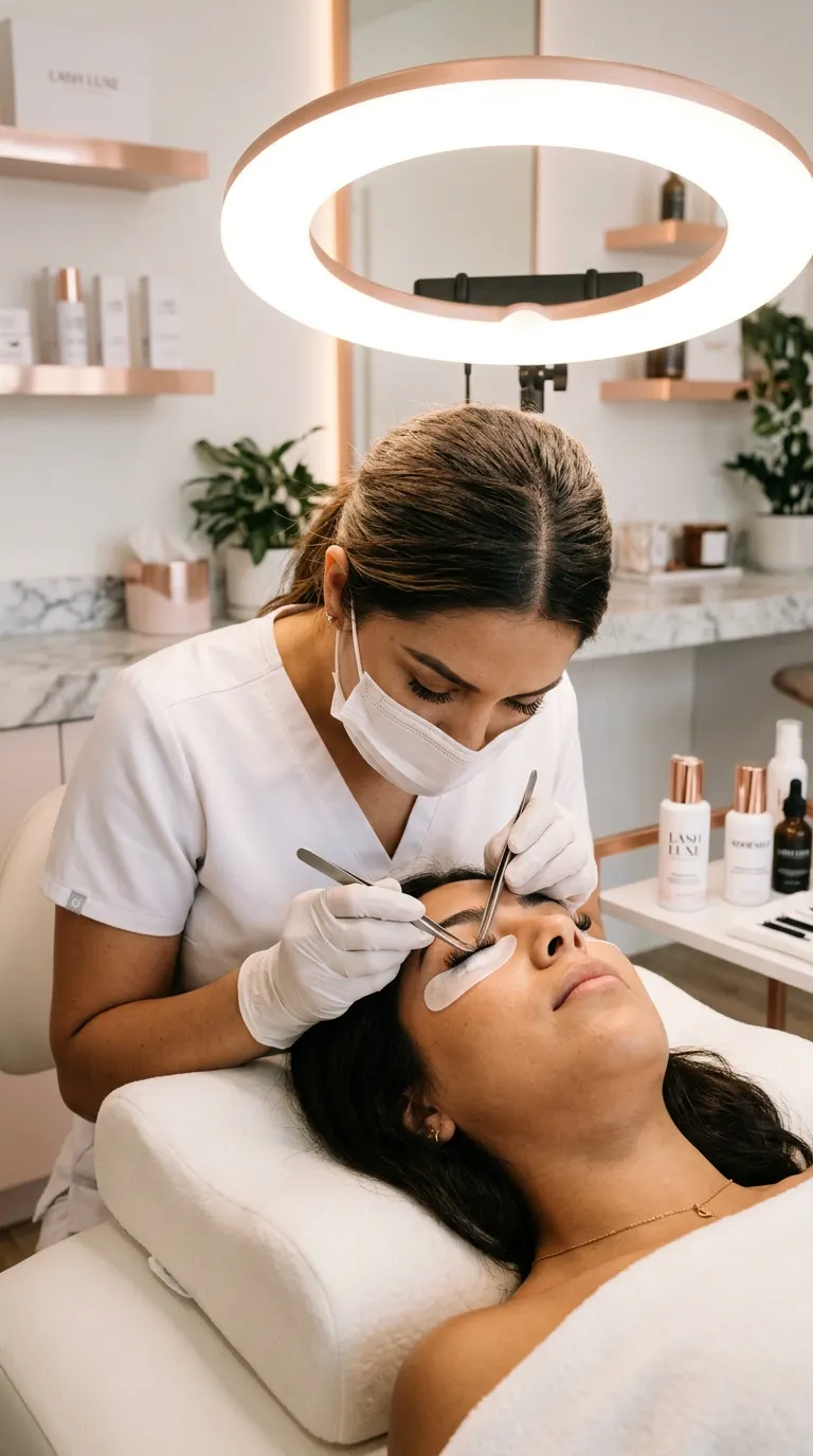 Especialista aplicando extensiones de pestañas a una clienta latina