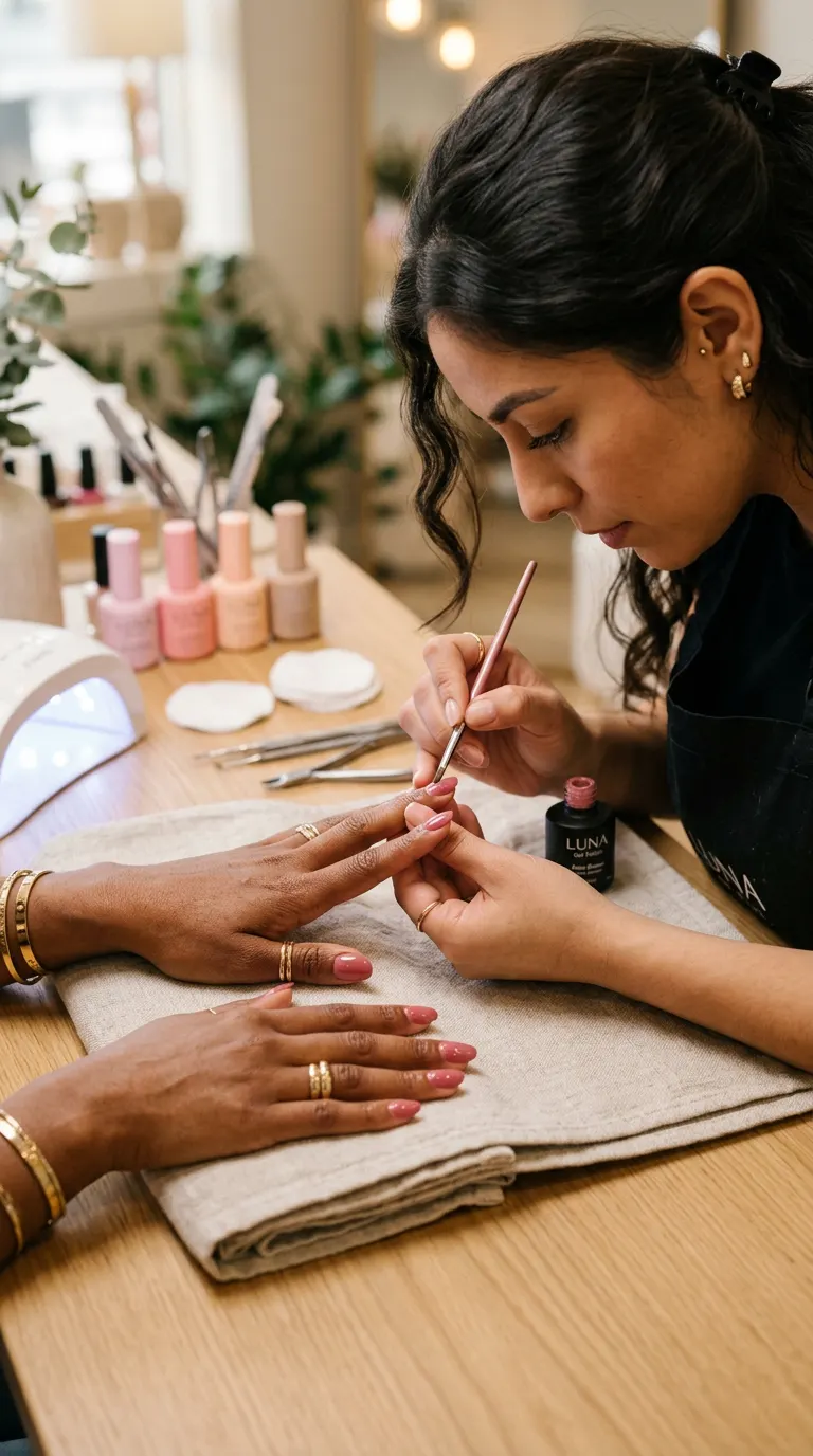 Técnica de uñas pintando uñas de gel rosado a una clienta