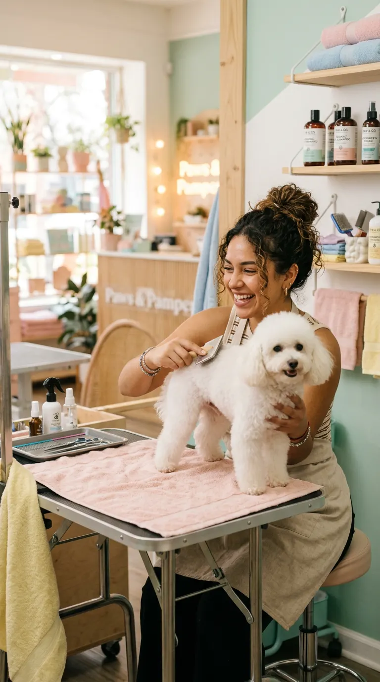 Peluquera canina sonriente bañando a un perro en una peluquería de mascotas