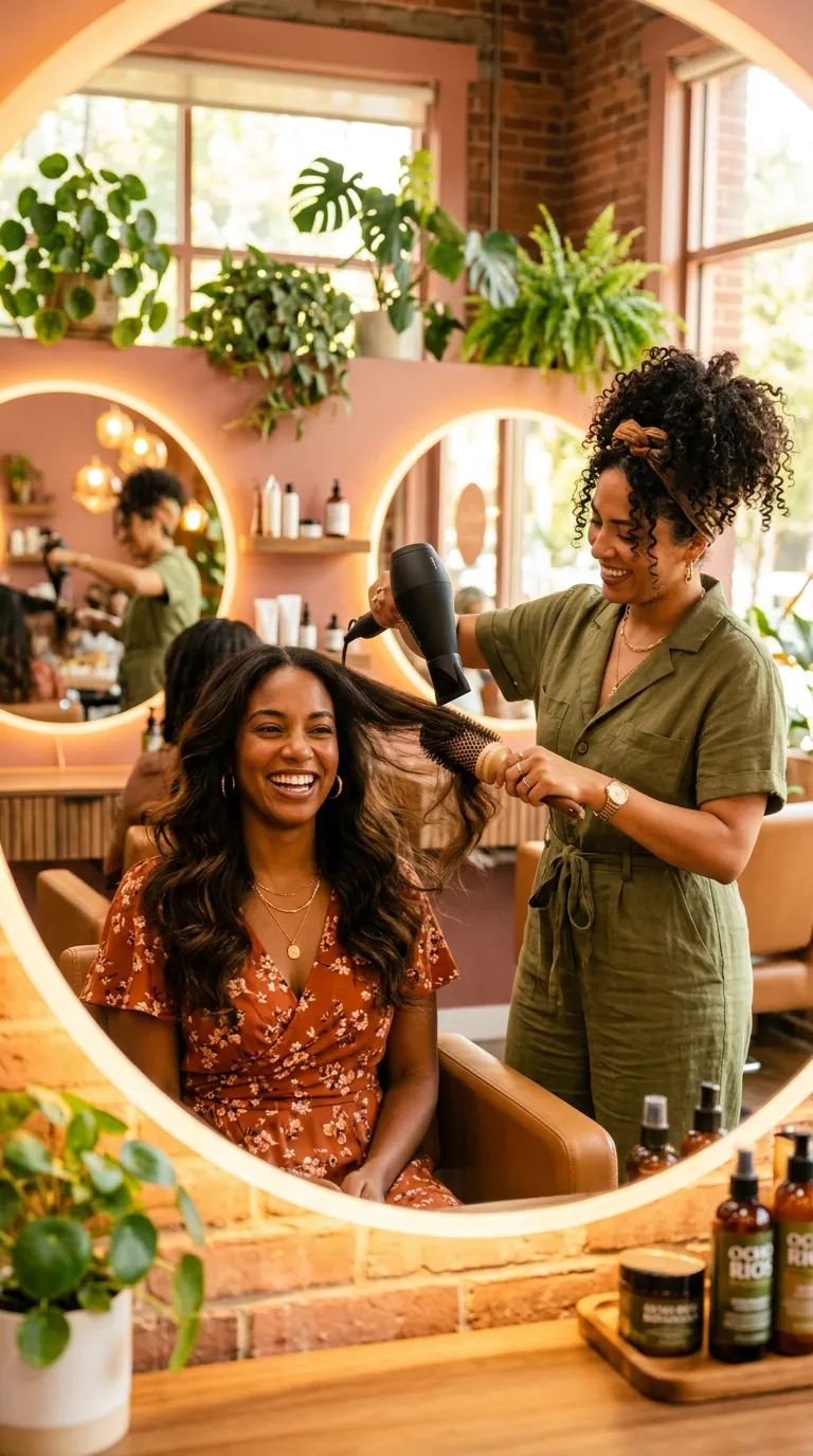 Estilista latina secando el cabello ondulado de una clienta afrolatina en un salón de belleza