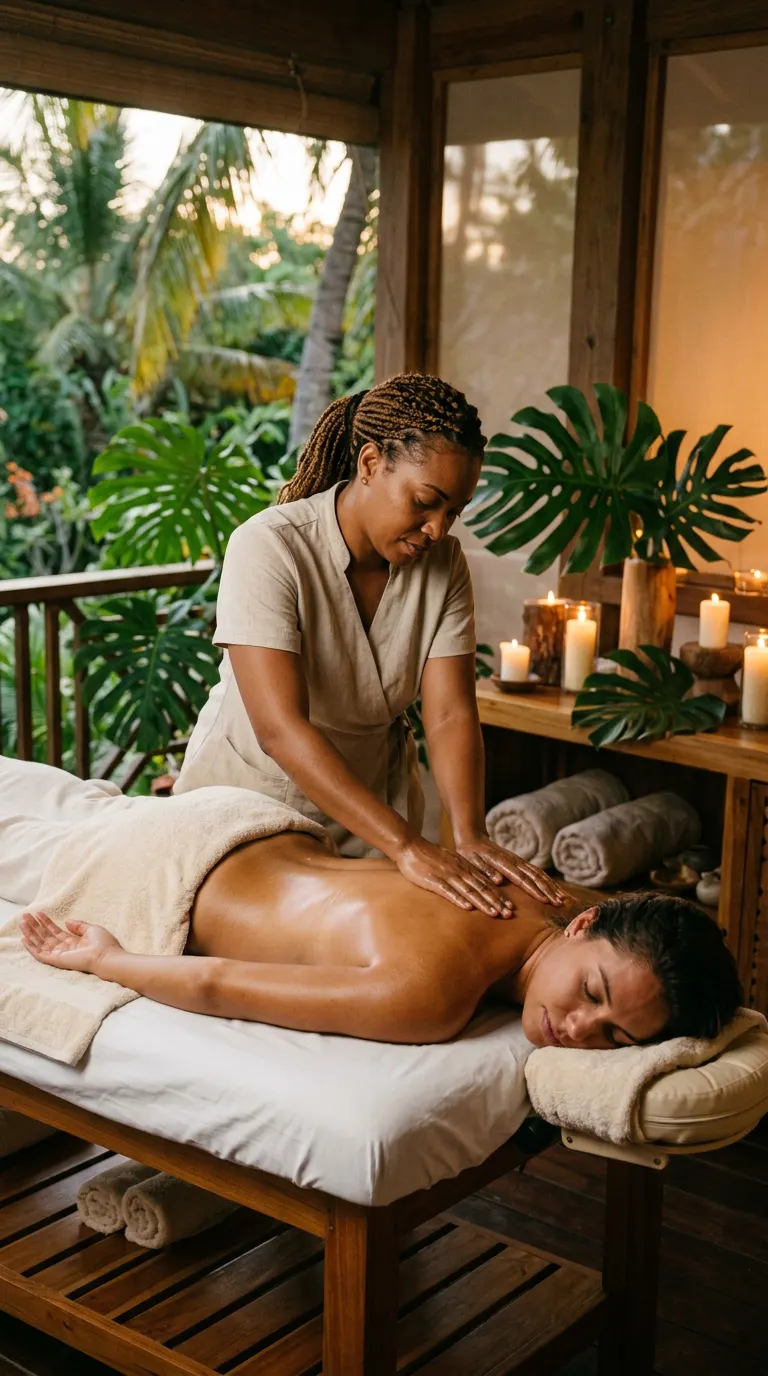 Terapeuta dando un masaje de espalda a una clienta en un spa tropical