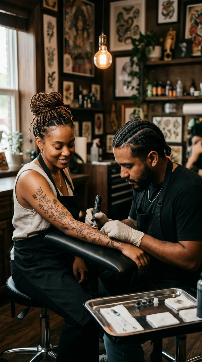 Tatuador latino haciendo un tatuaje floral en el antebrazo de una clienta caribeña